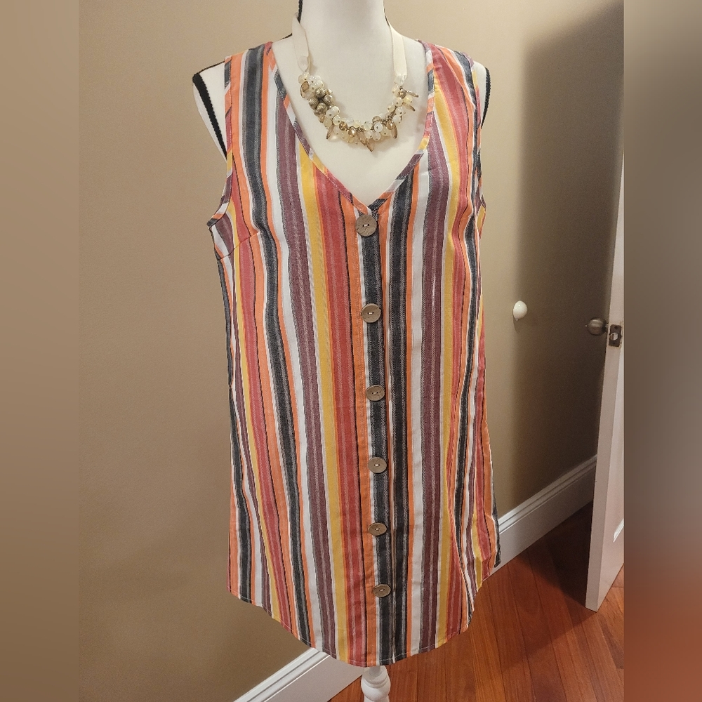 Shein multi striped sleeveless dress faux vuttons women's large